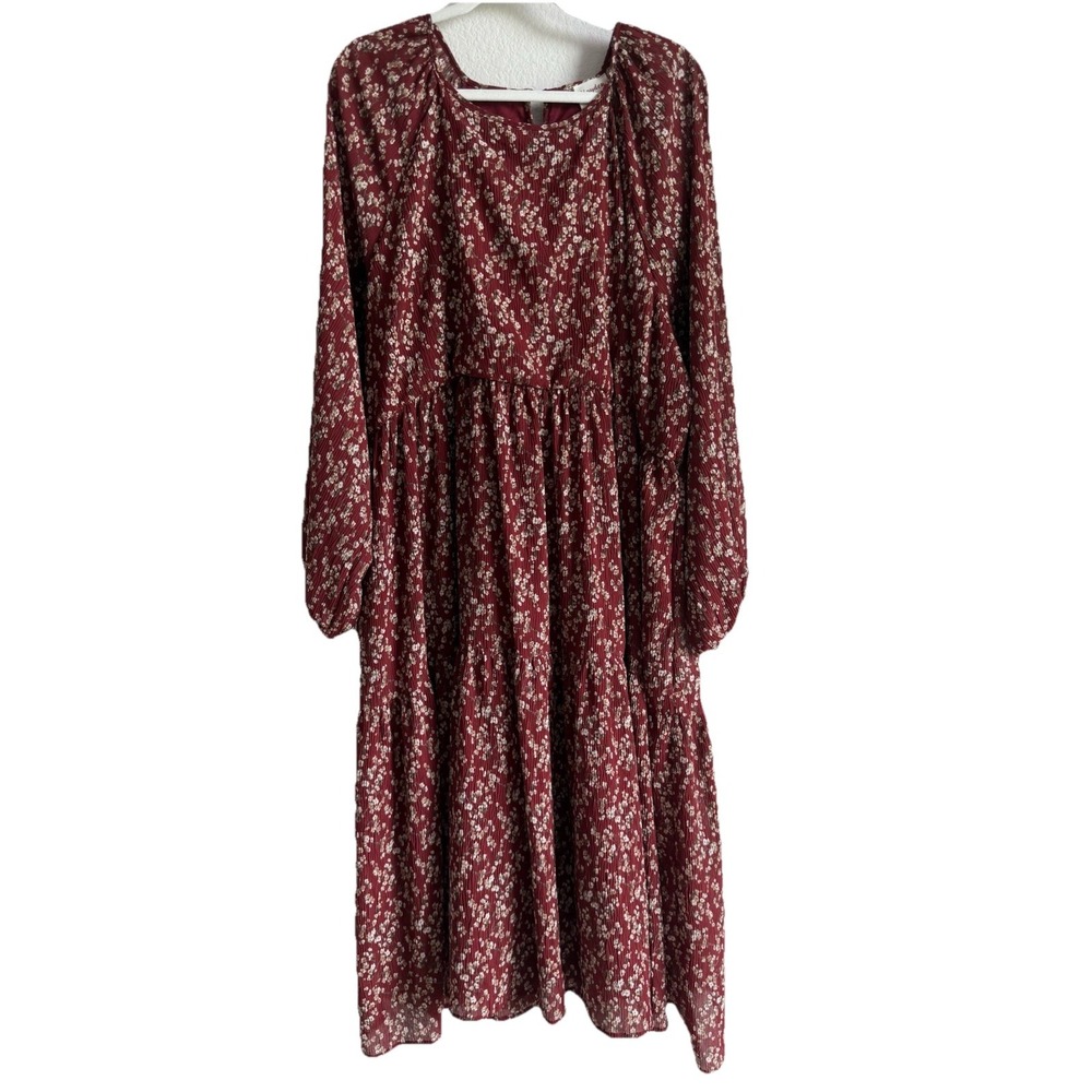 Hayden Los Angeles‎ Textured Maroon Floral Tiered Midi Dress Pockets Women's 1XL